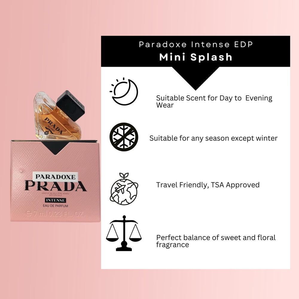 Prada Paradoxe Intense mini splash side view, travel-friendly fragrance sampling