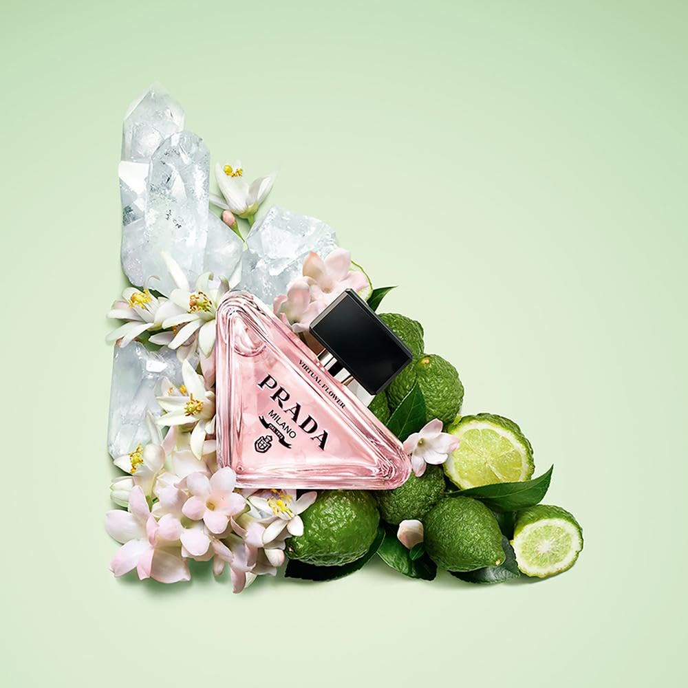 Prada Paradoxe Virtual Flower packaging back view, refillable bottle supports sustainable luxury choices.