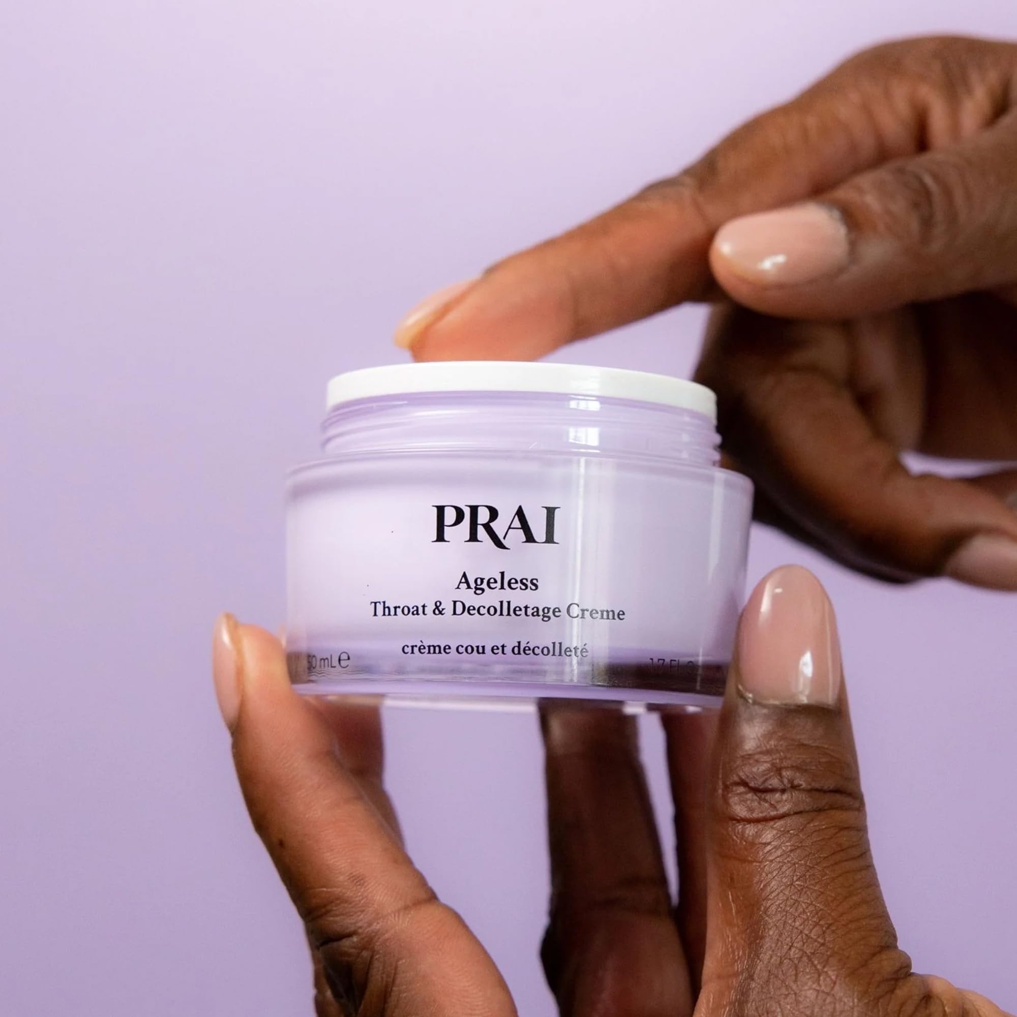 PRAI neck creme application motion demonstrates easy smoothing on the neck