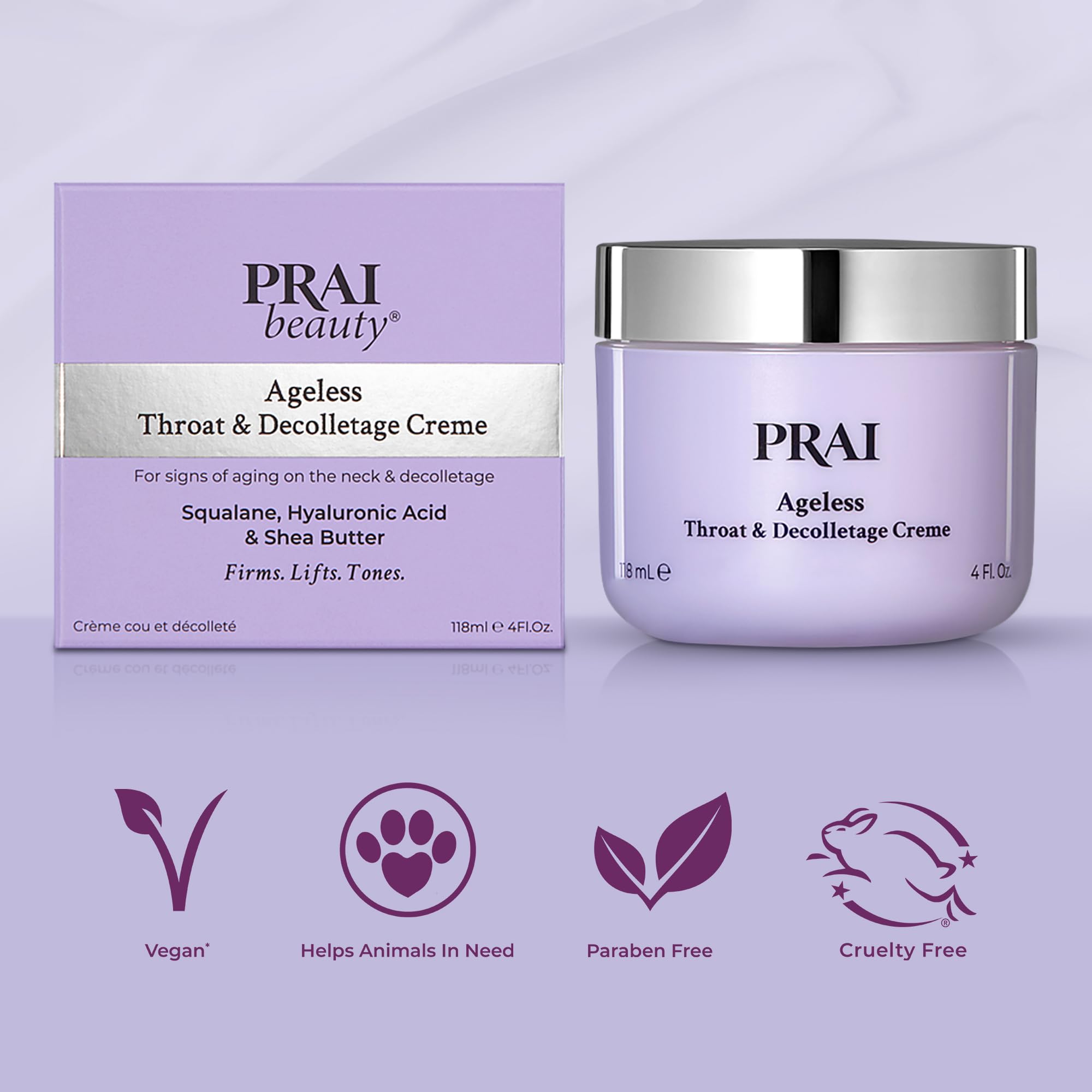 PRAI vegan cruelty-free symbol beside neck care photo