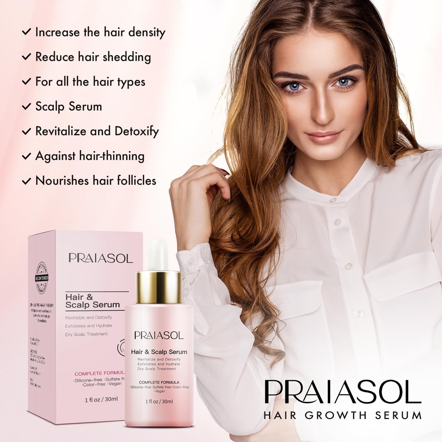 Praiasol Hair Growth Serum ingredients featuring rosemary and biotin for healthier roots