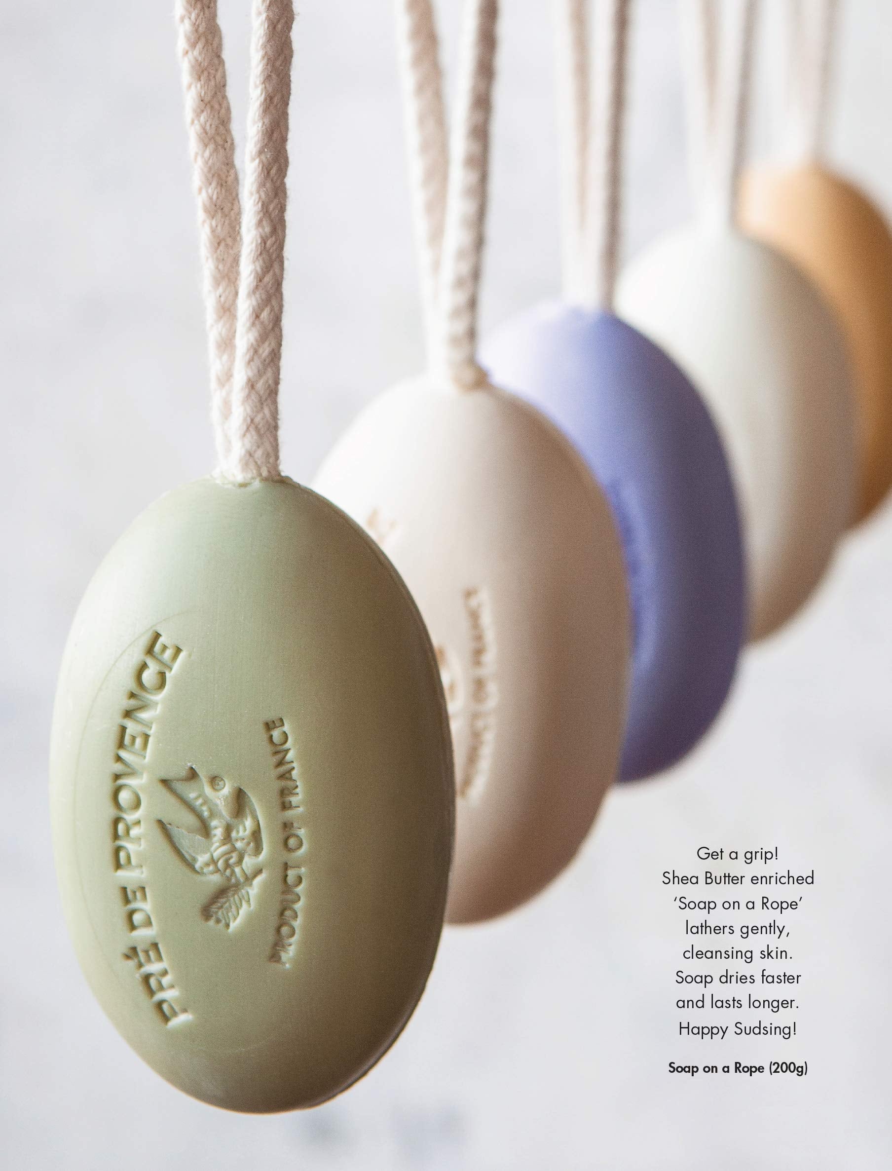 Pre de Provence lavender soap on rope hanging design helps it dry and last longer.