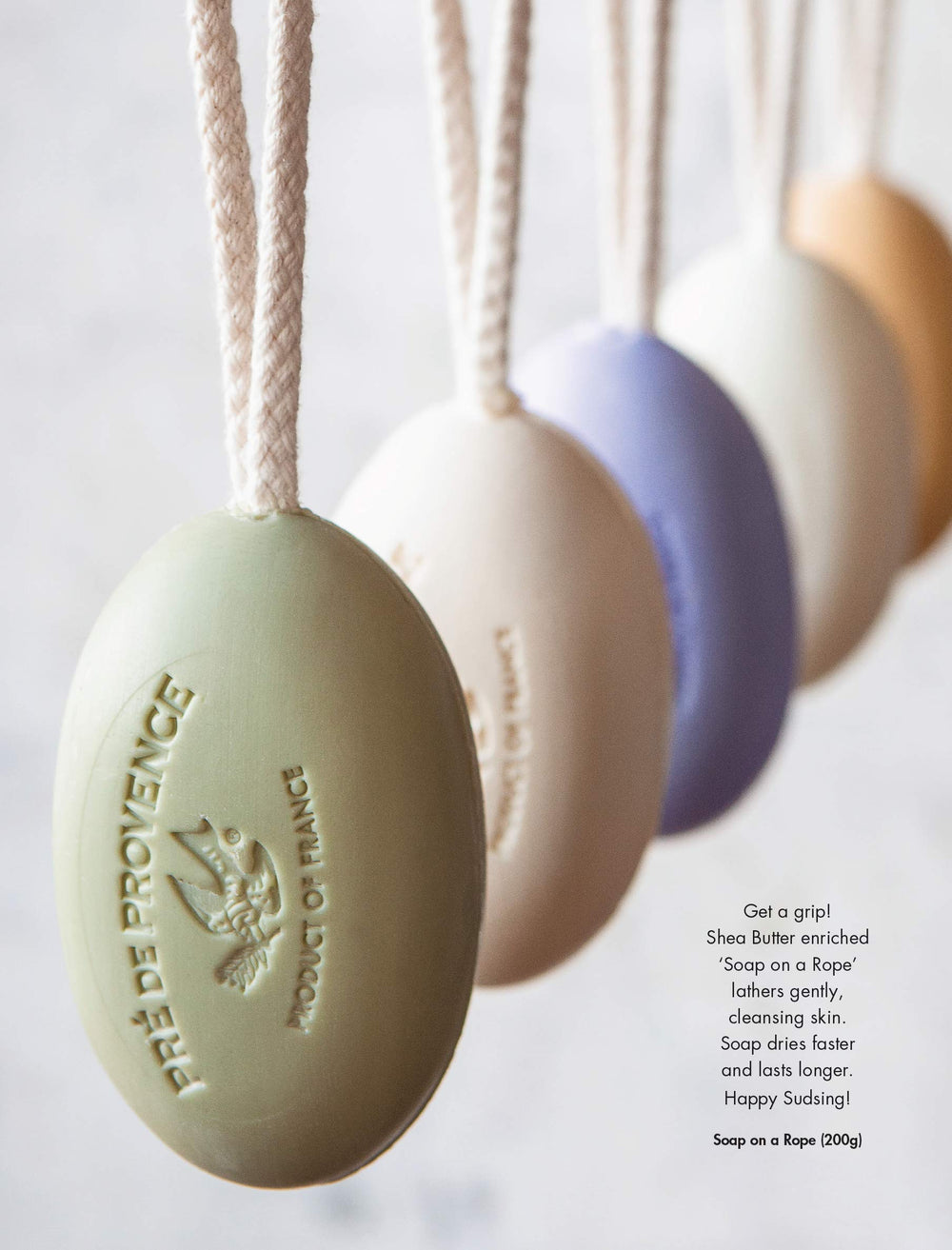 Pre de Provence lavender soap on rope hanging design helps it dry and last longer.