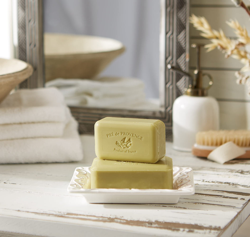 Pre de Provence Verbena soap bar cross-section; reveals smooth texture from traditional milled process.