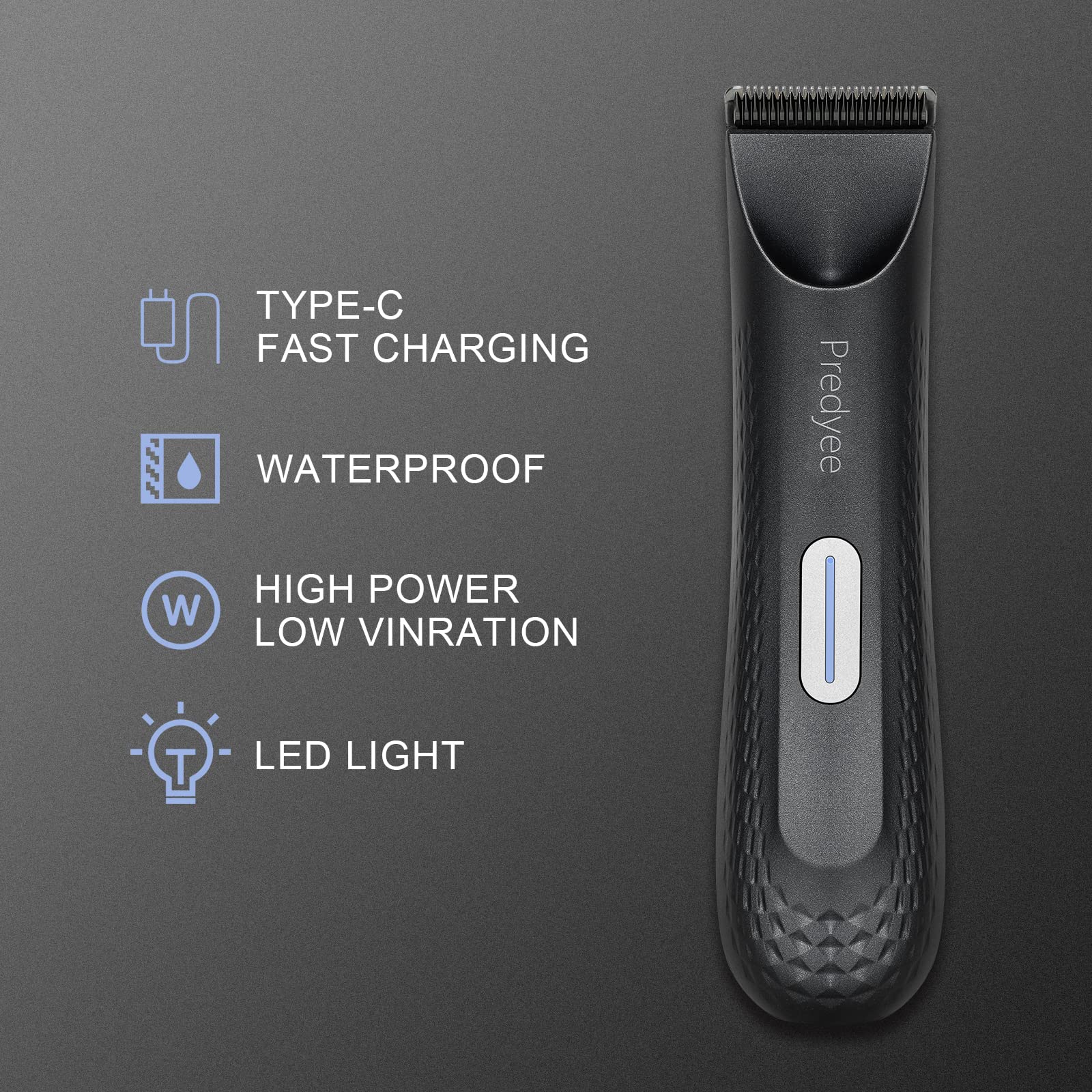 Predyee Manscape Trimmer LED light reveals hidden hairs for precise trimming.