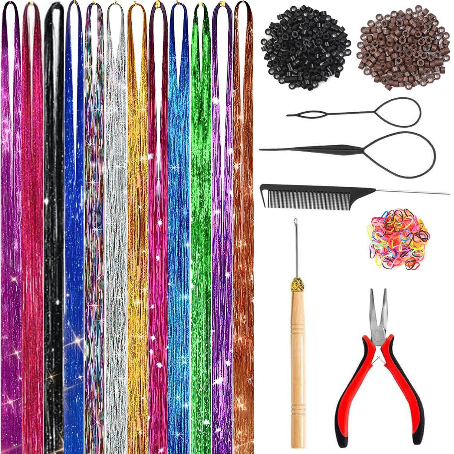 Prehot hair tinsel kit 48inch colors: vibrant strands for daily sparkle and easy styling.