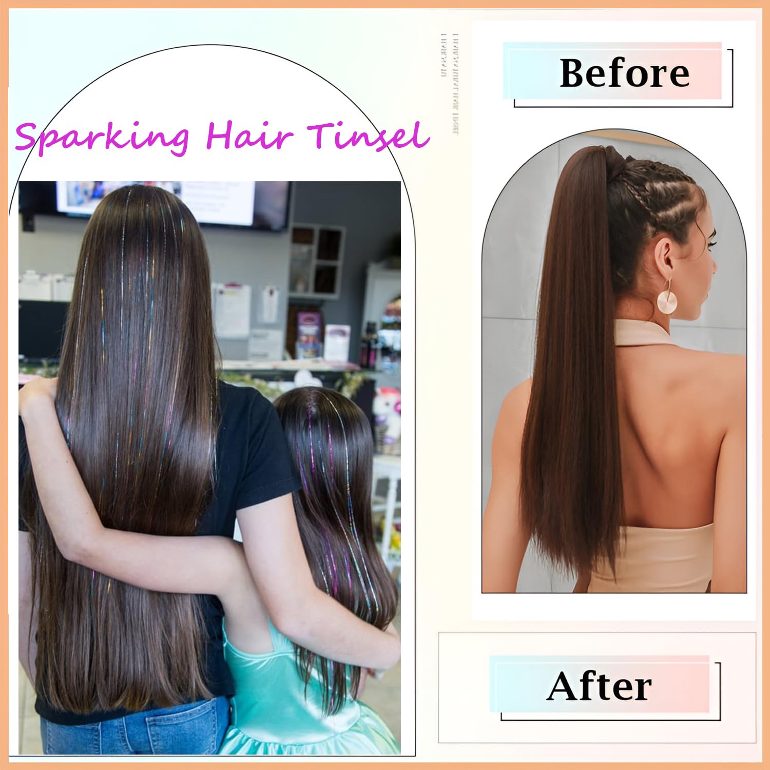 Prehot hair tinsel tools pony-tail hoop: quick, tool-assisted application.