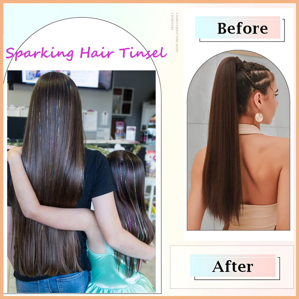 Prehot hair tinsel tools pony-tail hoop: quick, tool-assisted application.