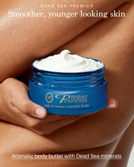 Premier Dead Sea aromatic body butter close-up emphasizing creamy texture and moisture.