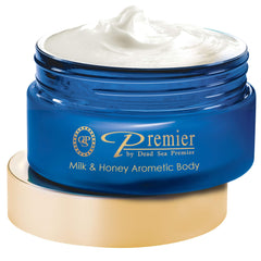 Premier Dead Sea aromatic body butter Milk & Honey jar highlights rich creamy texture and hydration.