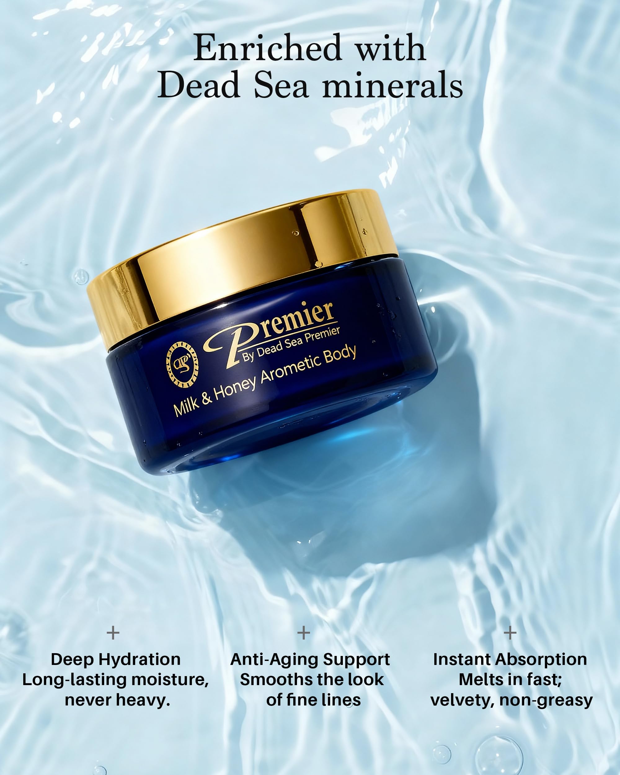Premier Dead Sea aromatic body butter mineral-rich formula close-up with label and texture detail.