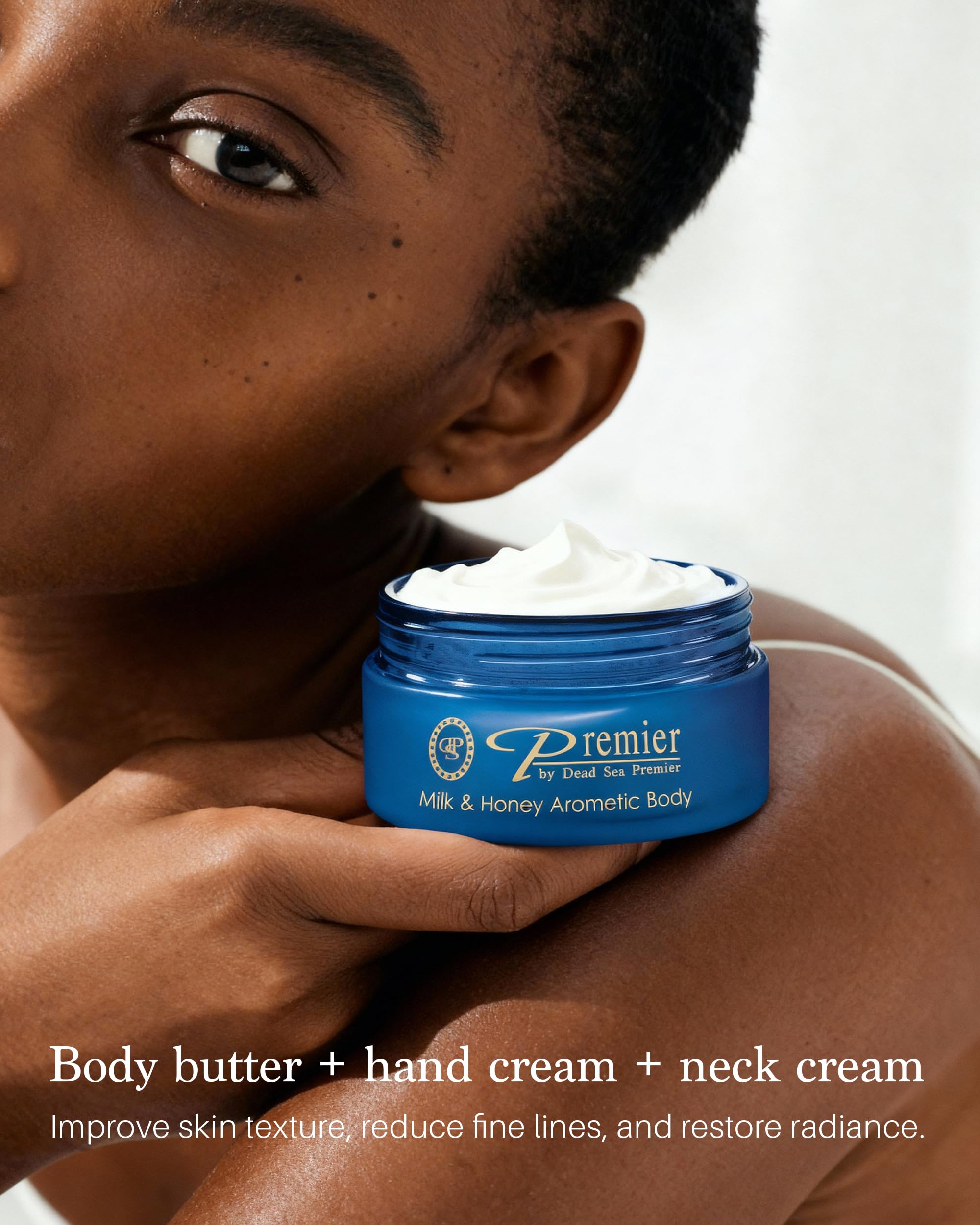 Premier Dead Sea aromatic body butter ingredients inset shows shea butter and minerals for nourishment.