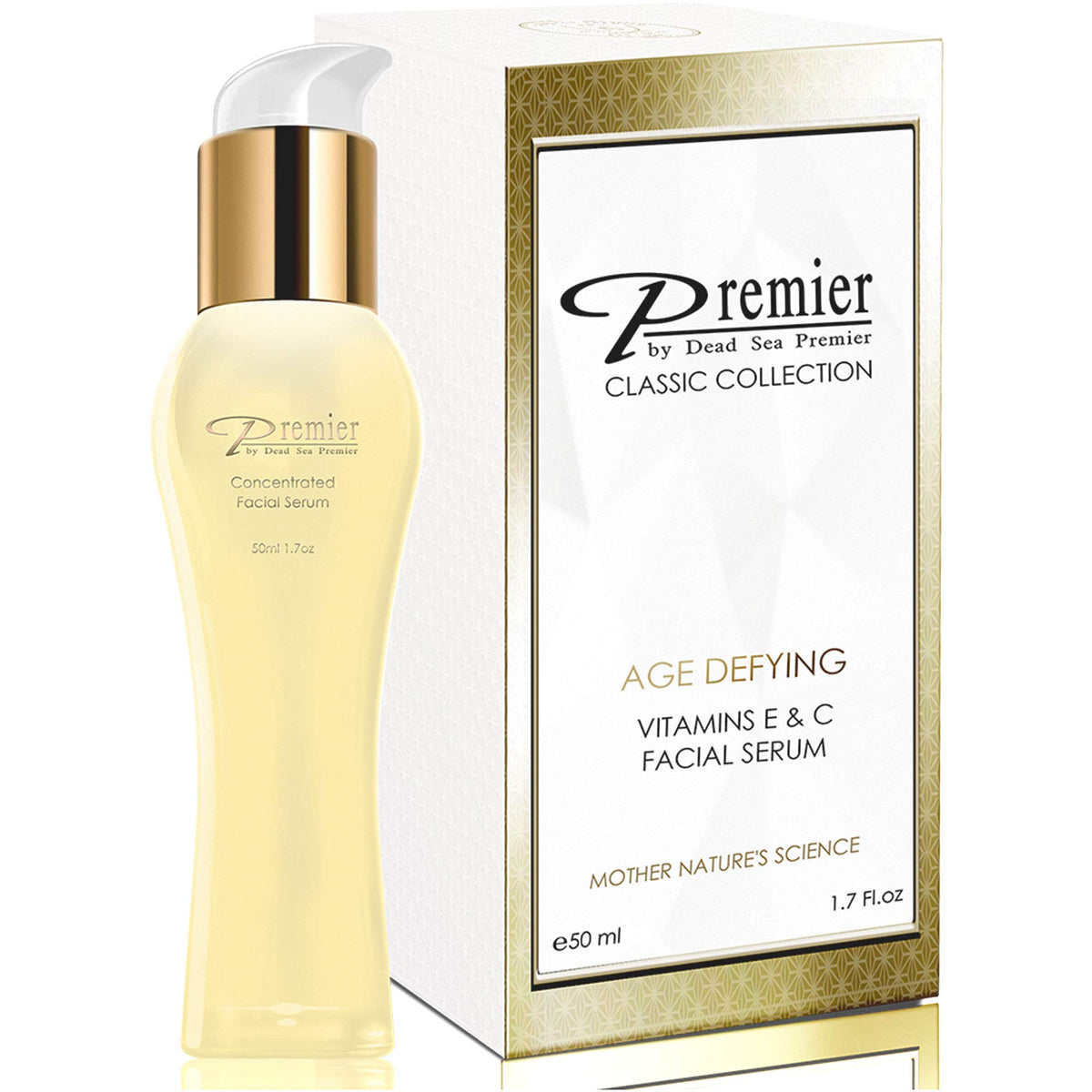 Premier Dead Sea Vitamin C Serum bottle closeup highlighting brightening formula for daily glow