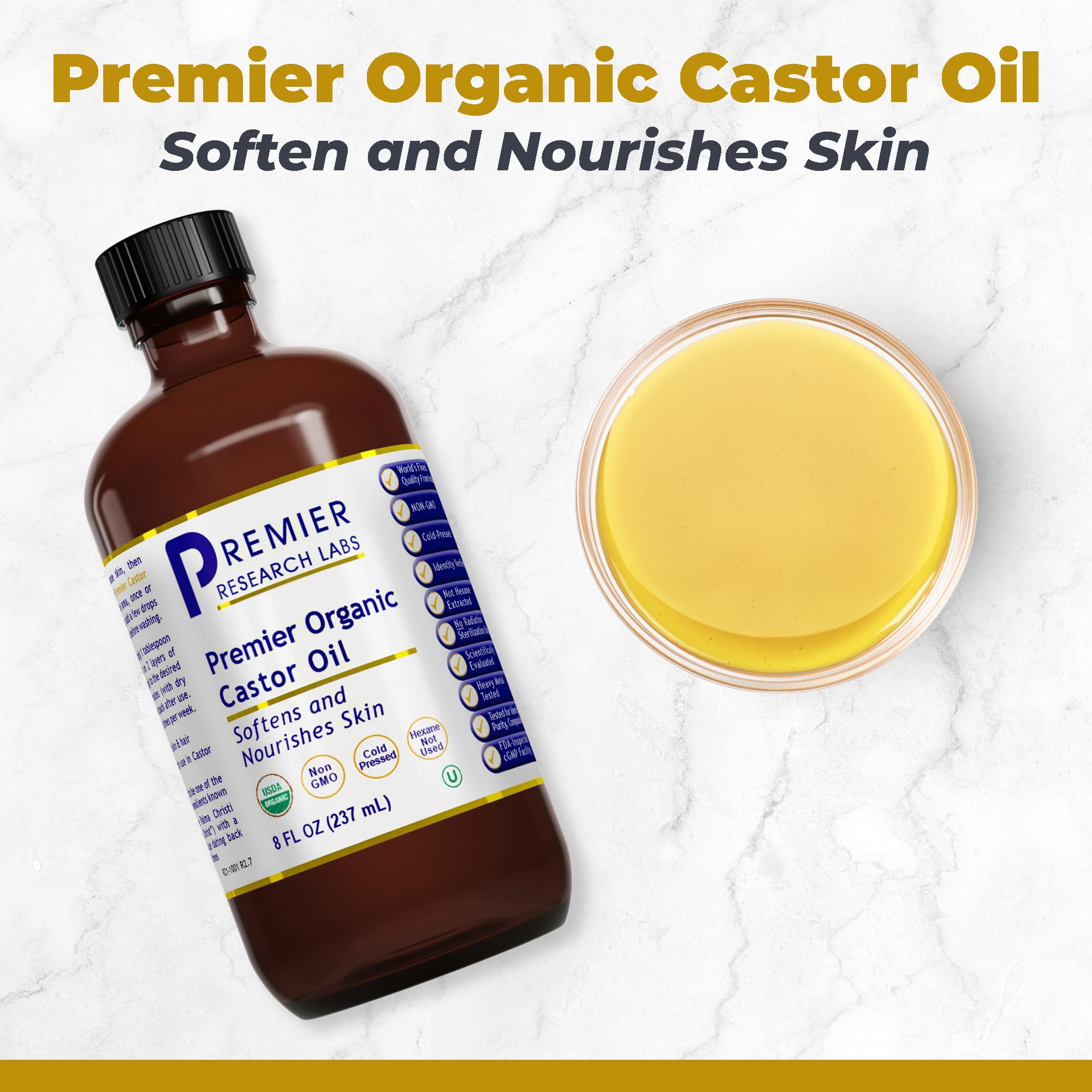 Premier Research Labs Organic Castor Oil close-up on label and certifications.