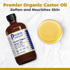 Premier Research Labs Organic Castor Oil close-up on label and certifications.