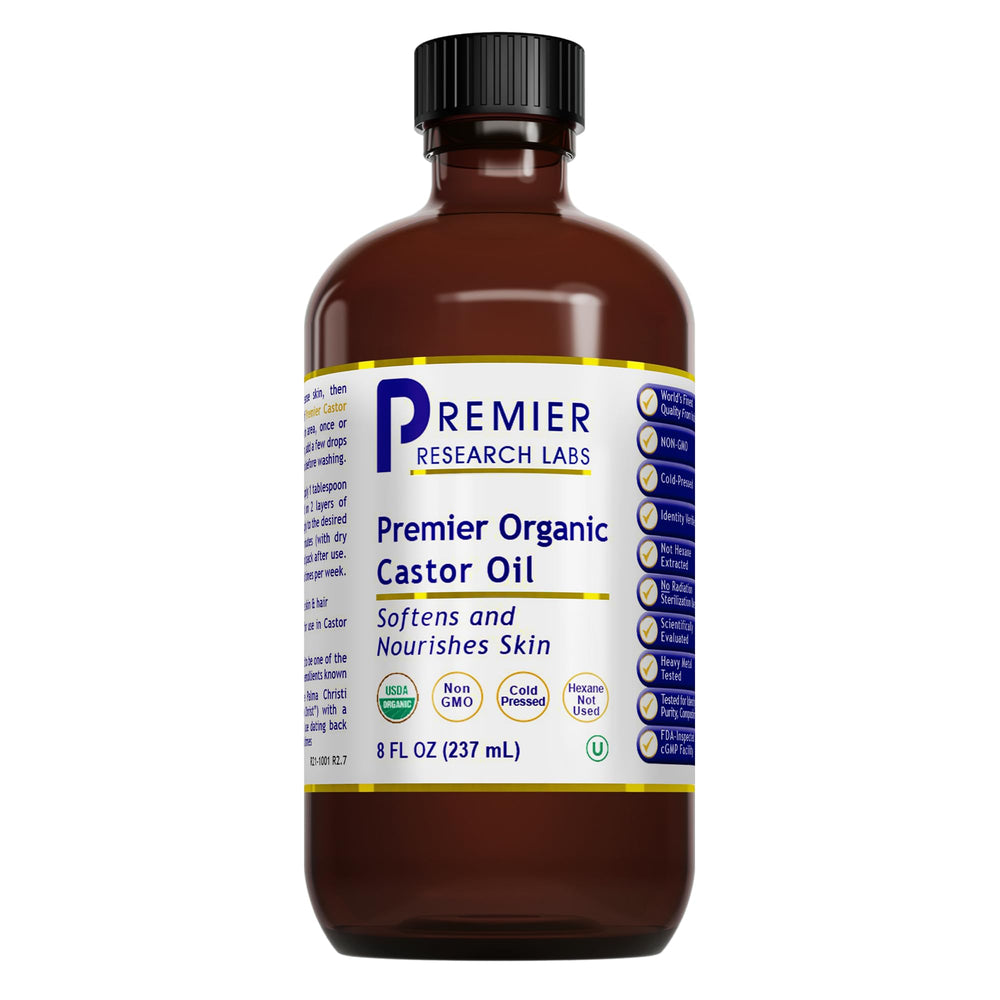 Premier Research Labs Organic Castor Oil bottle pour for facial care and nourishment.