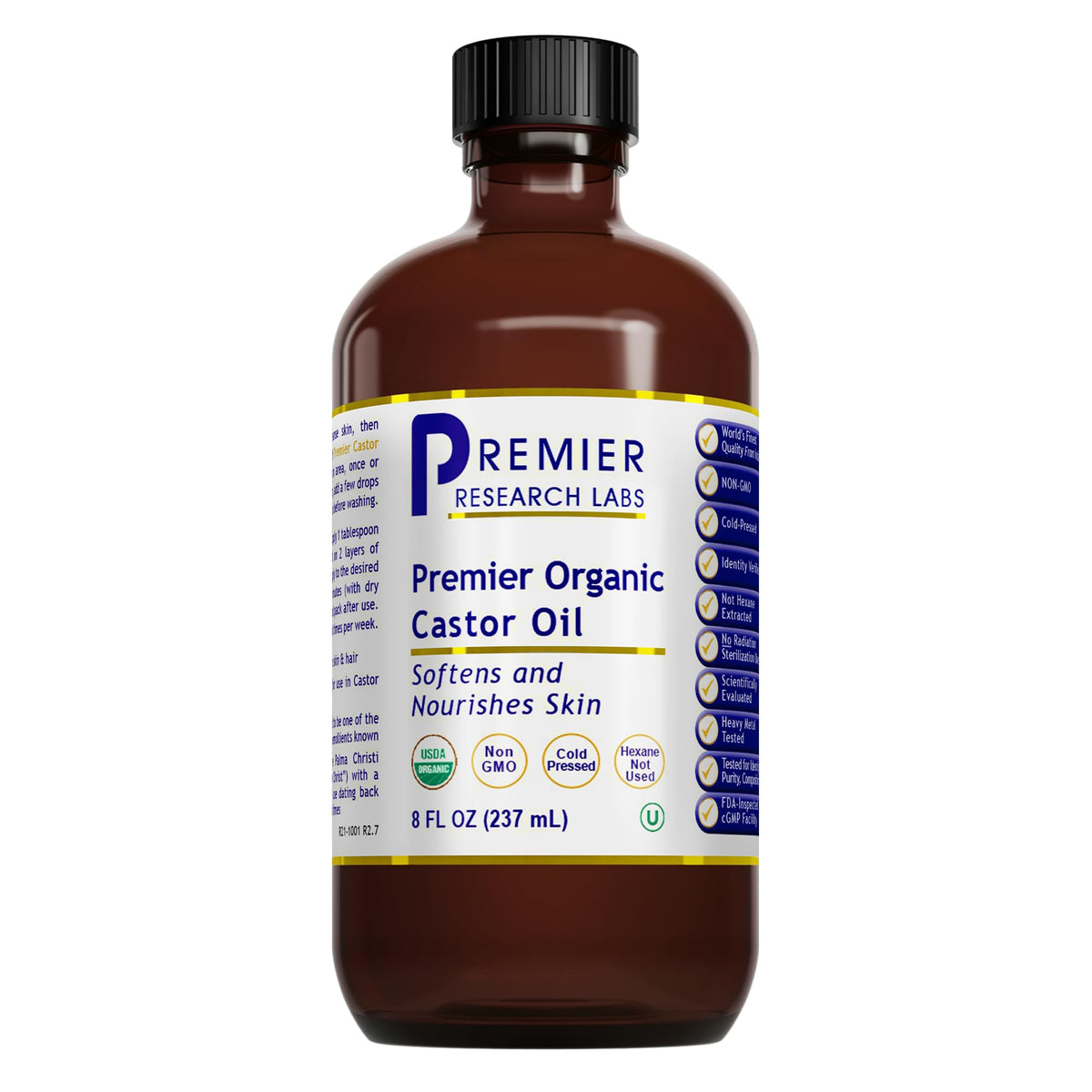 Premier Research Labs Organic Castor Oil bottle pour for facial care and nourishment.