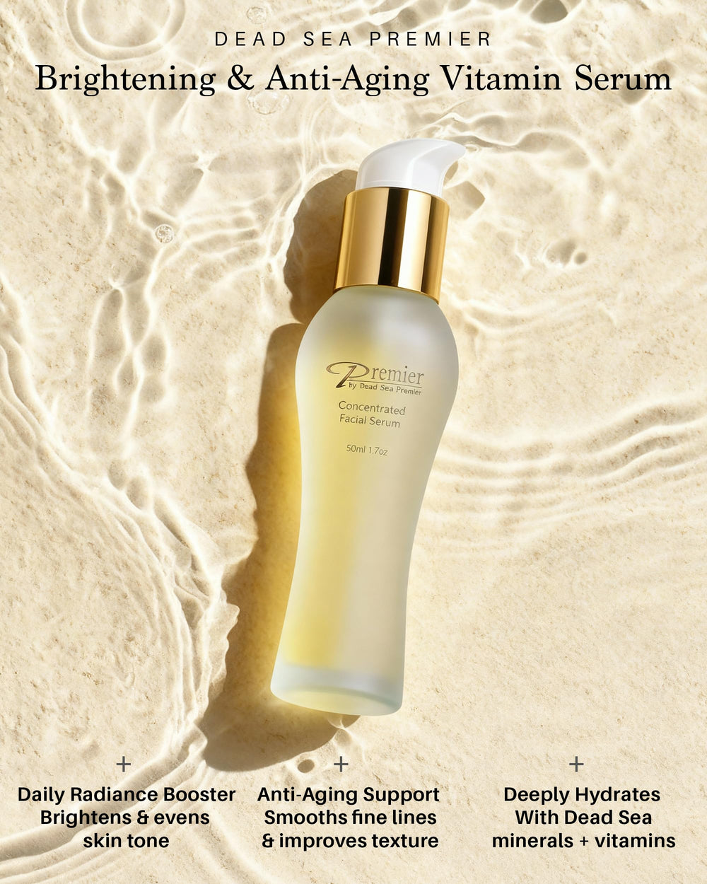 Premier Vitamin C Serum ingredient closeup emphasizes antioxidants and nourishing oils for youthful skin