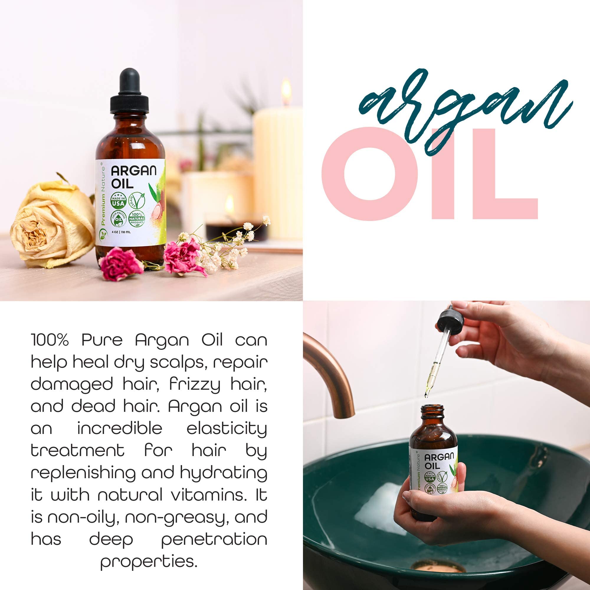 Premium Nature Argan Oil label detail highlighting 100% pure oil