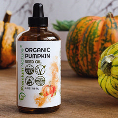 Premium Nature Pumpkin Seed Oil pour demonstrates versatility for skin and hair care