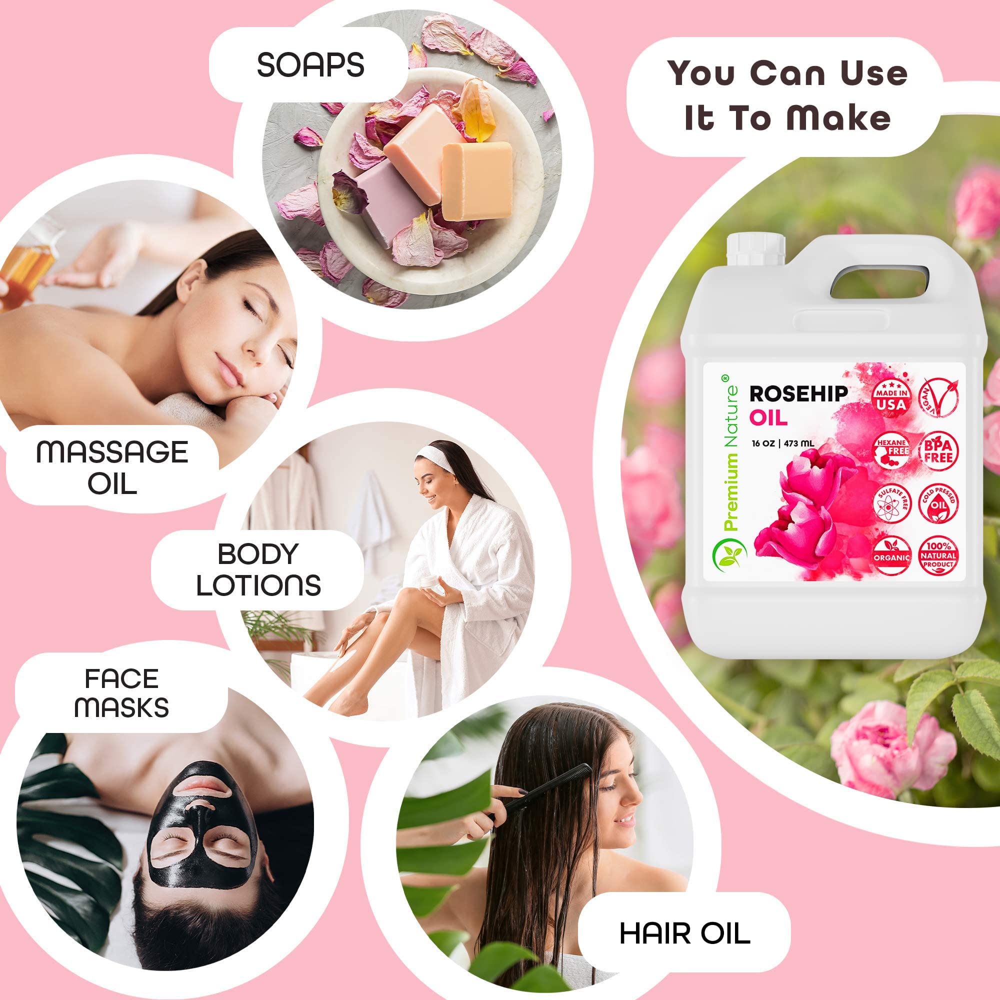 Premium Nature Rosehip Oil as body oil for moisturized, smooth skin daily use