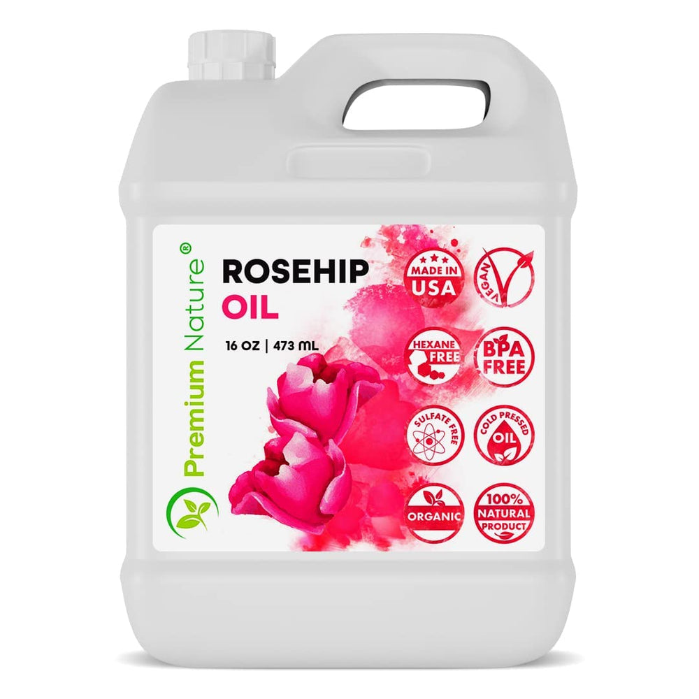 Premium Nature Rosehip Oil bottle close-up highlighting pure organic formula for face and body hydration