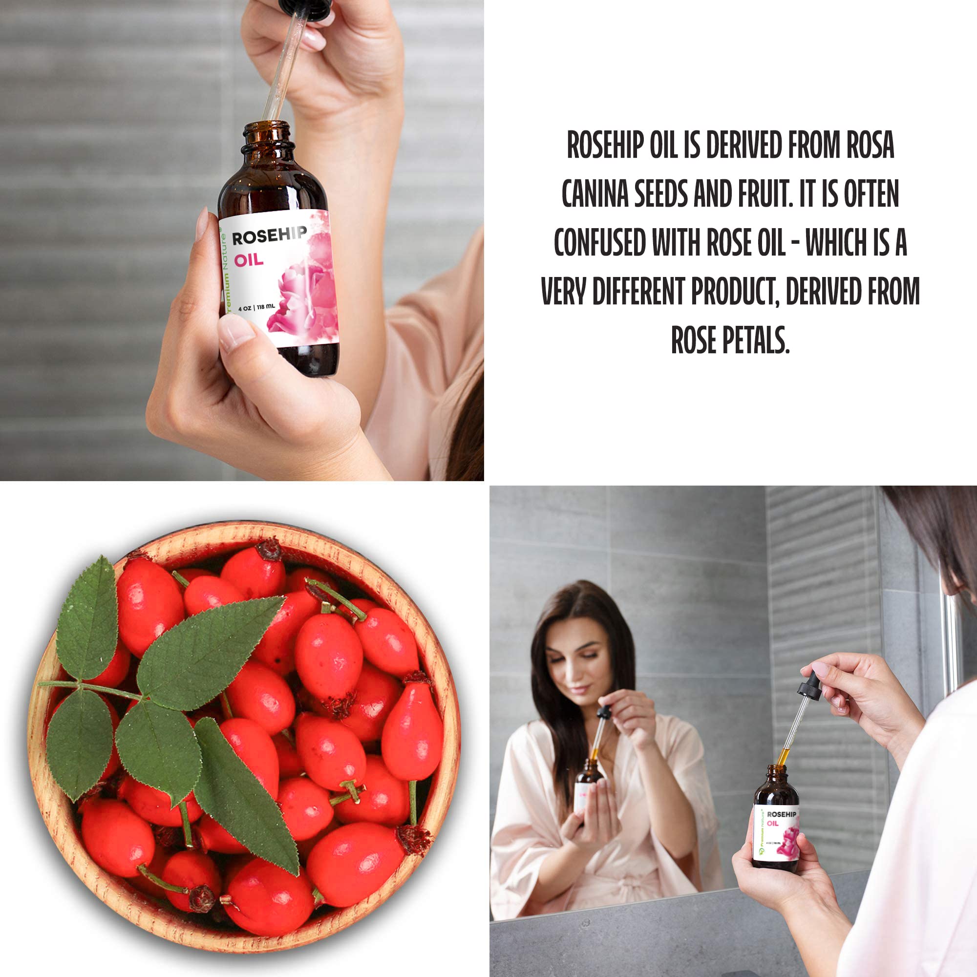 Premium Nature Rosehip Oil label shows cold-pressed purity