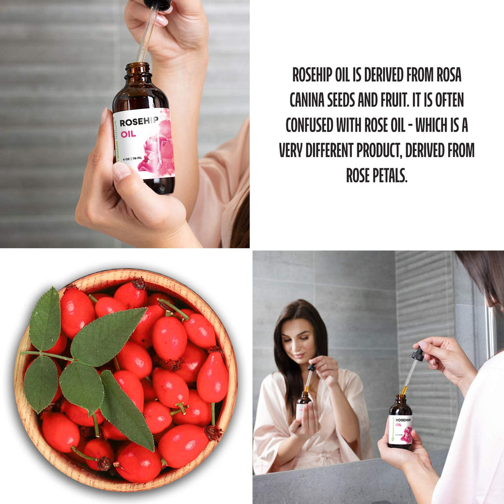Premium Nature Rosehip Oil label shows cold-pressed purity