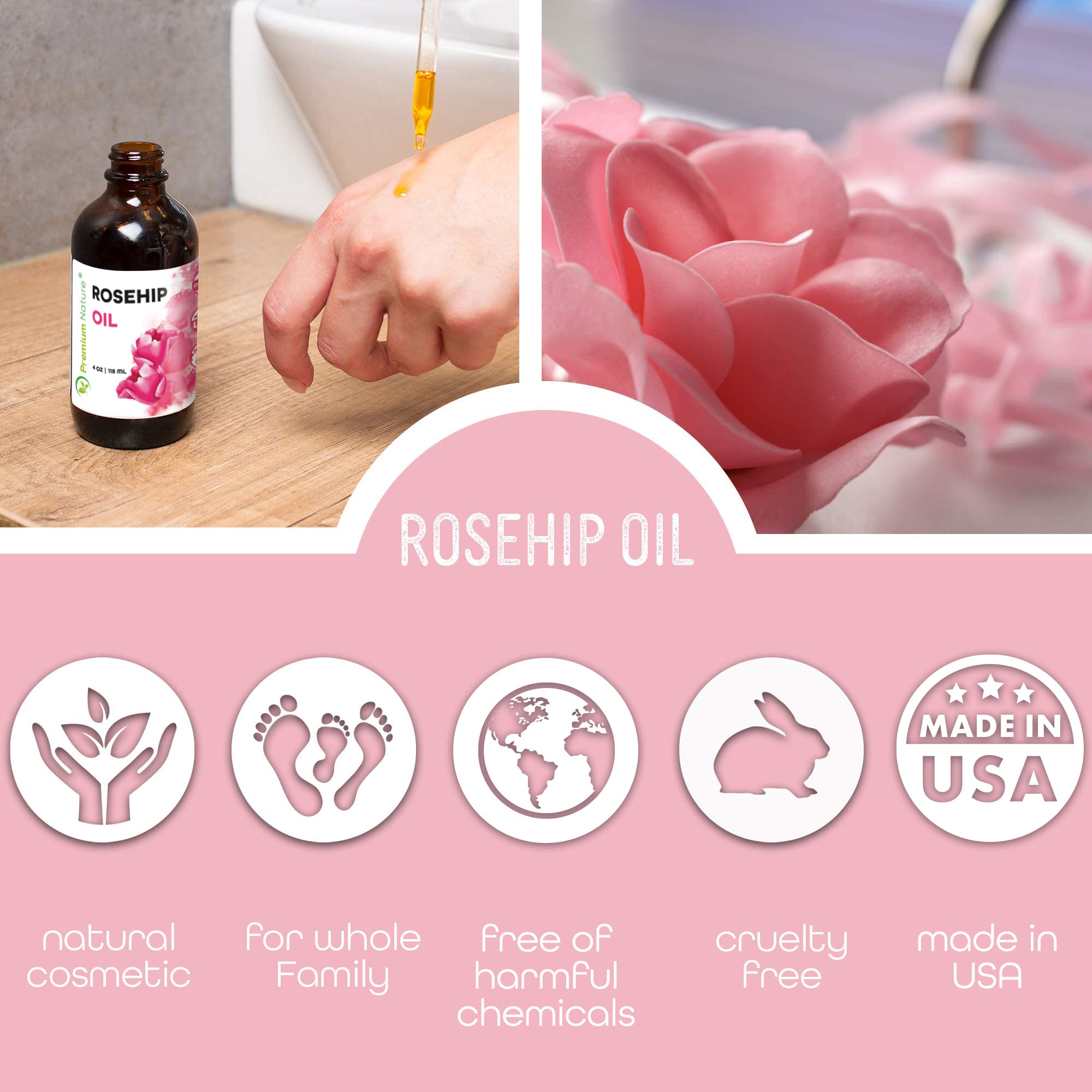 Premium Nature Rosehip Oil applied to skin for nourishment