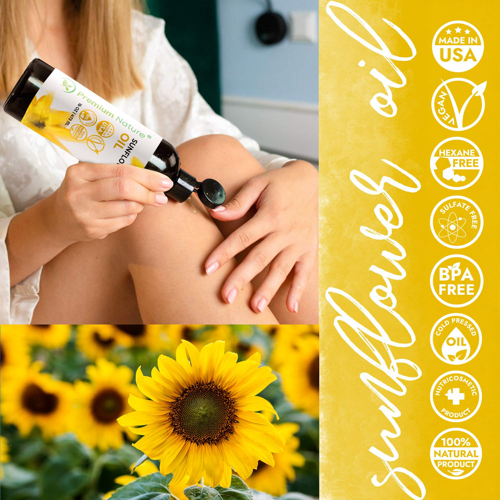 Premium Nature sunflower oil bottle pour demonstrates easy blending and application