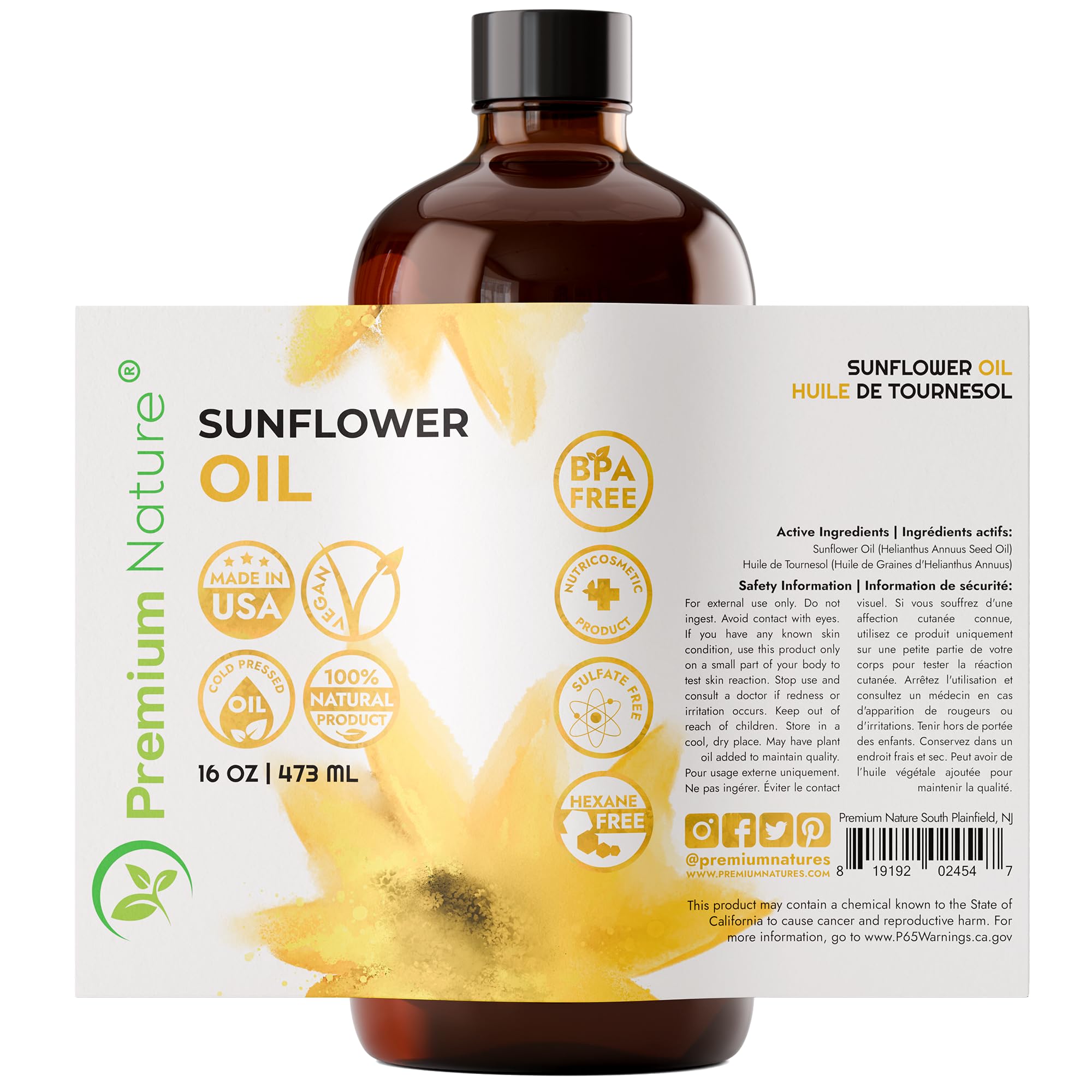 Premium Nature sunflower oil closeup highlights golden color and purity