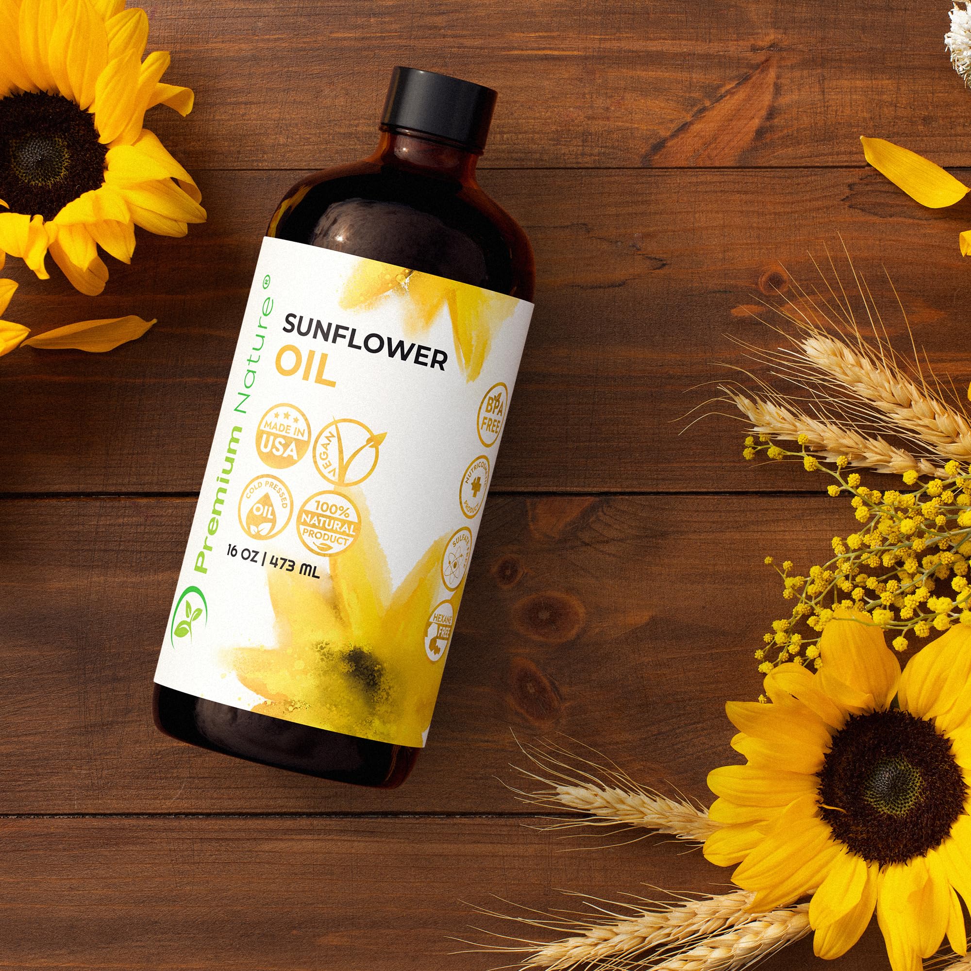 Premium Nature sunflower oil for hair care adds shine and softness