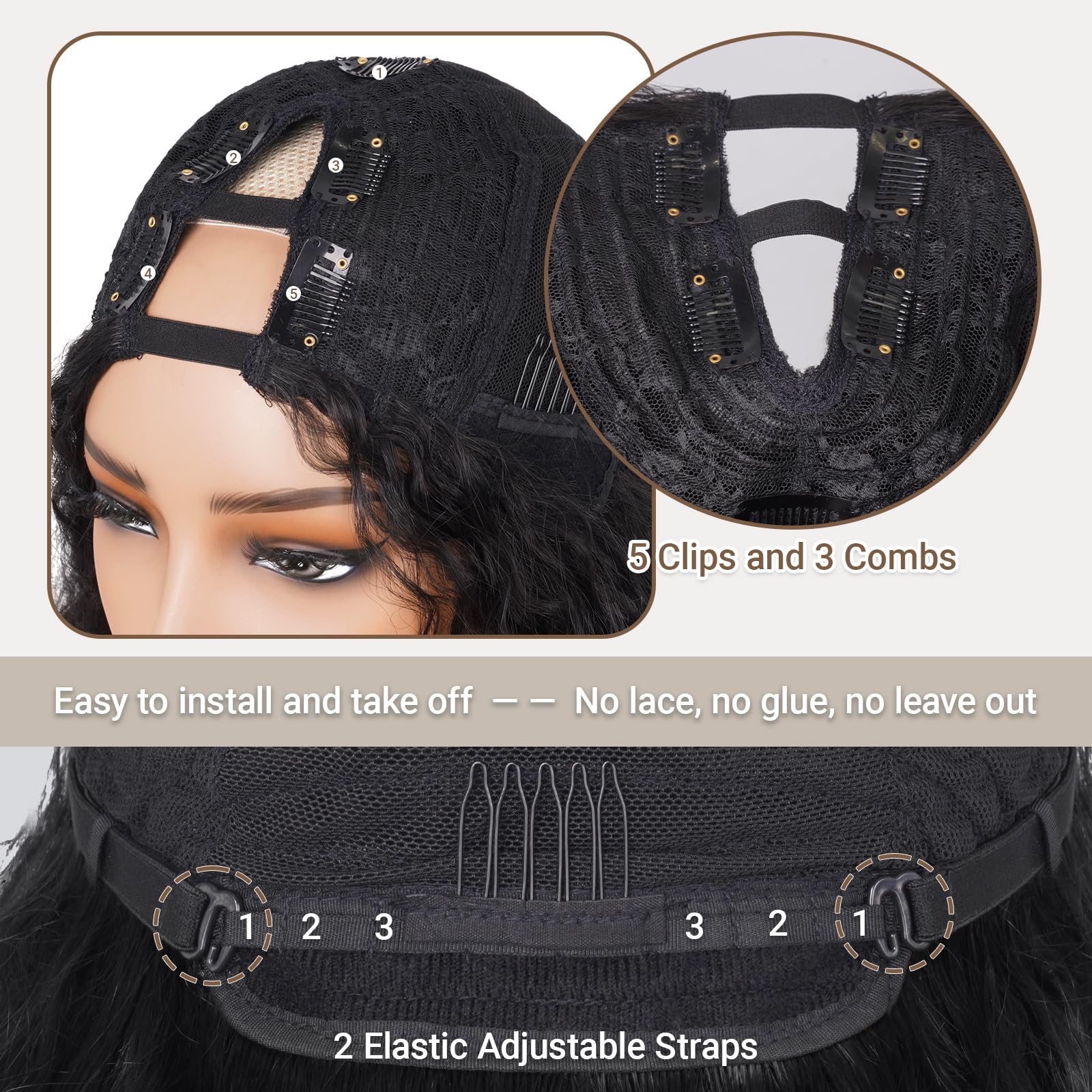 Prempo Afro wig cap construction features multiple combs for secure grip