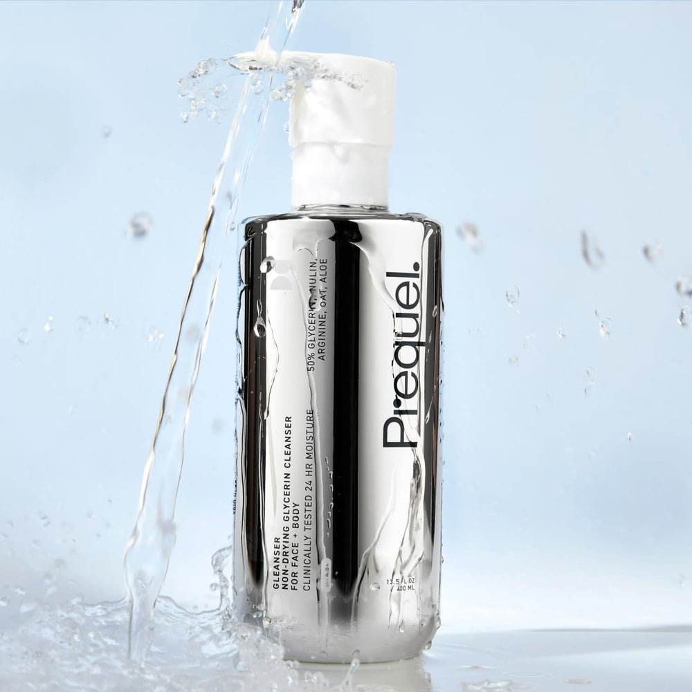 Prequel Gleanser bottle back label—pH-stable ingredients support moisture balance.