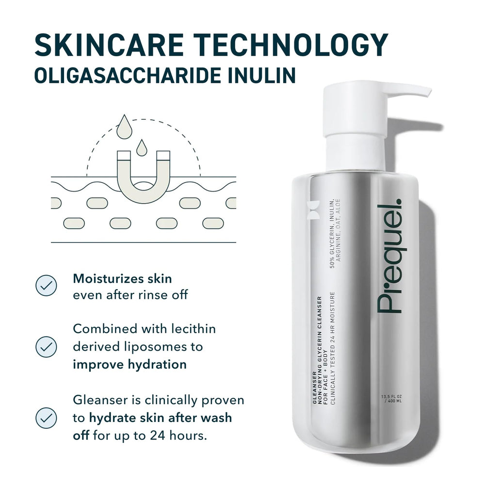 Prequel Gleanser hydration technology—Aquaporin-active formula for long-lasting moisture.