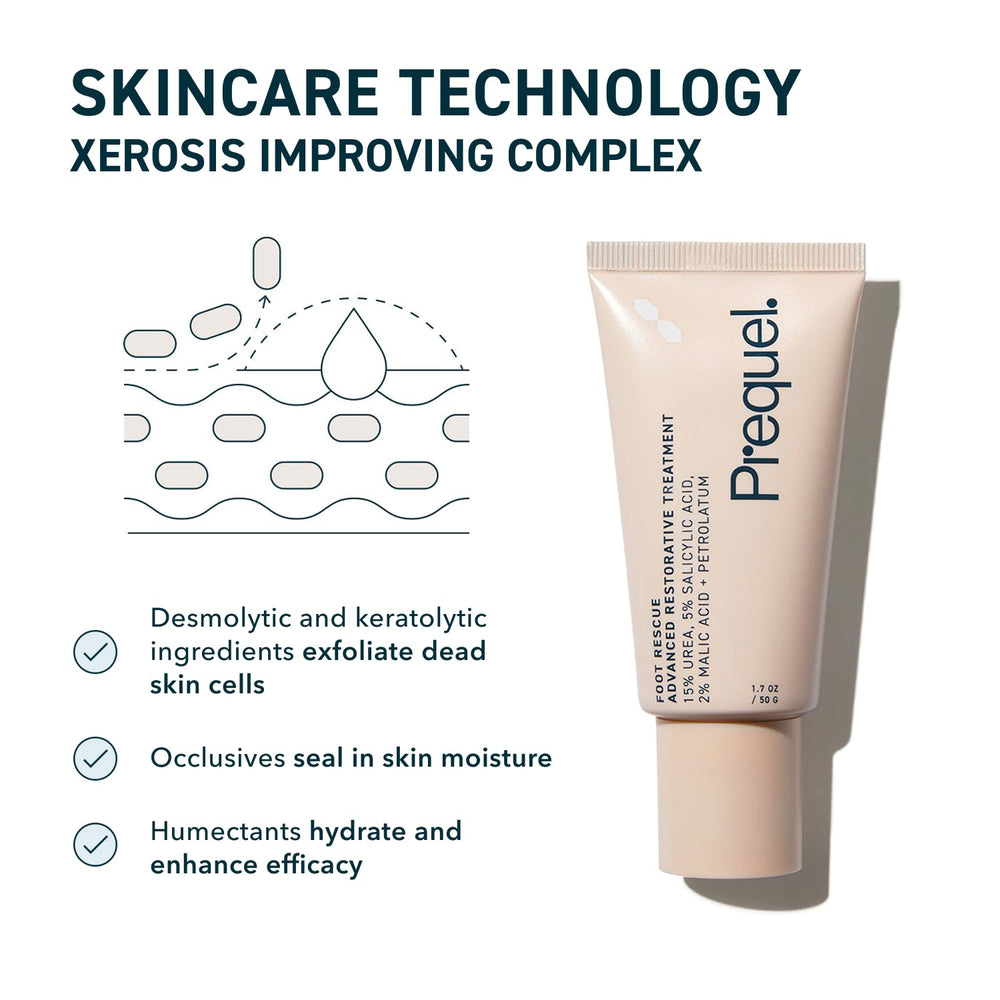 Prequel Skin Foot Rescue malic acid helps soften thickened skin.