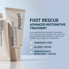 Prequel Skin Foot Rescue with 15 percent urea delivers deep hydration for cracked feet.