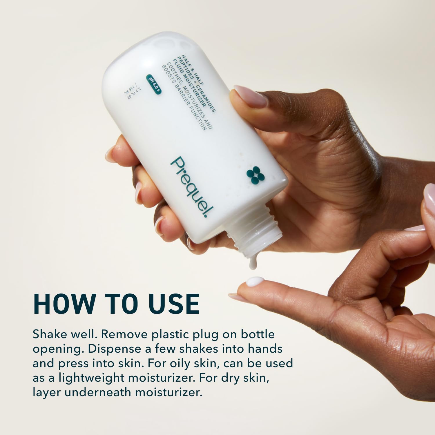 Shake-to-dispense bottle cap of Prequel Skin Half and Half for controlled dosing.