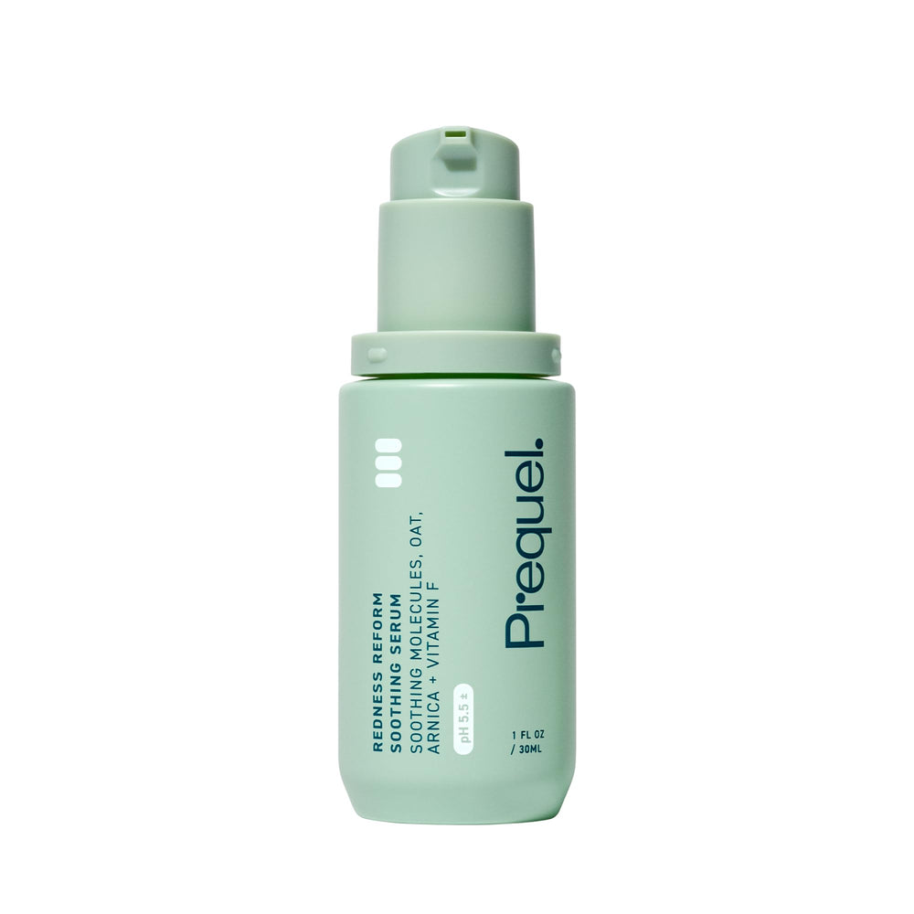 Prequel Skin Redness Reform bottle pump showing calming, redness-reducing daily routine