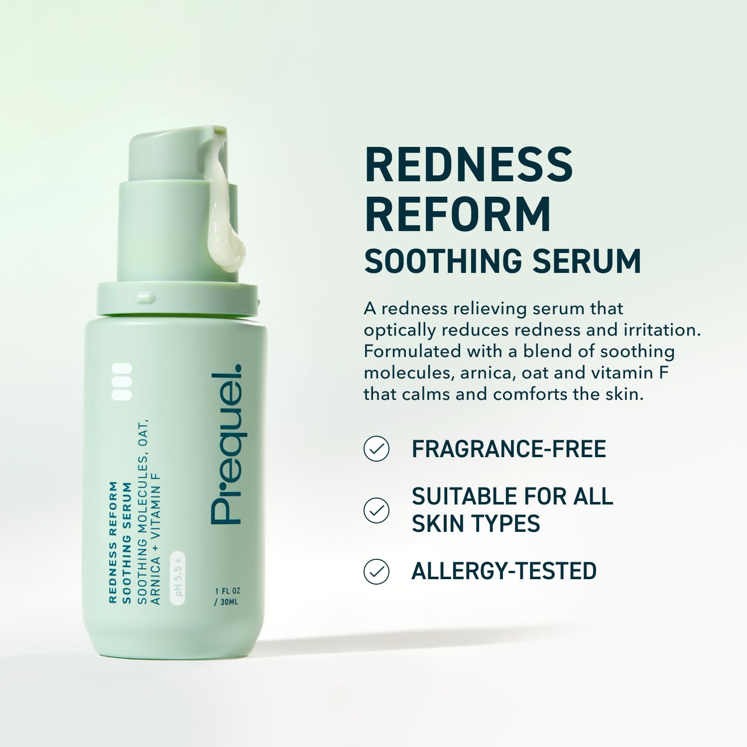 Prequel Skin Redness Reform serum-dispense close-up indicating fast-absorbing comfort
