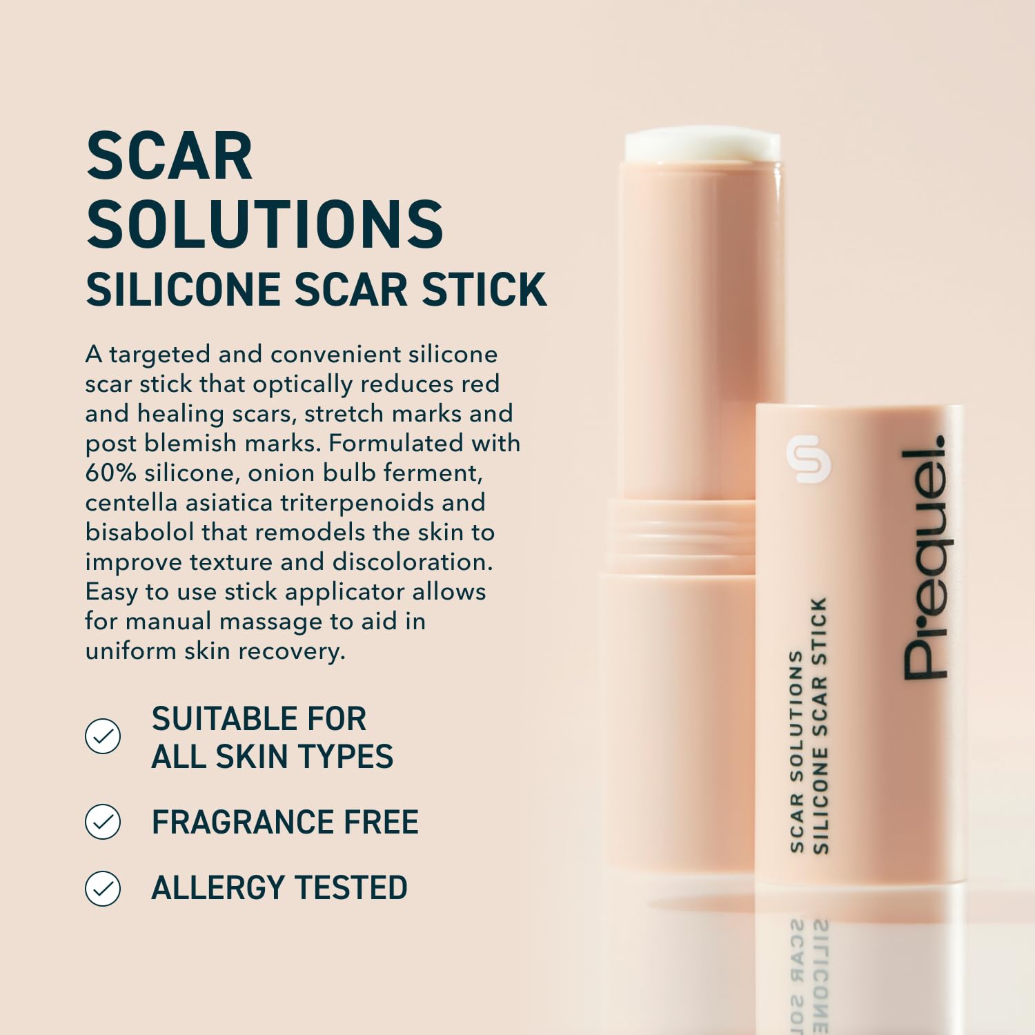 Prequel Skin Scar Solutions vitamin E nourishes skin and promotes even tone.