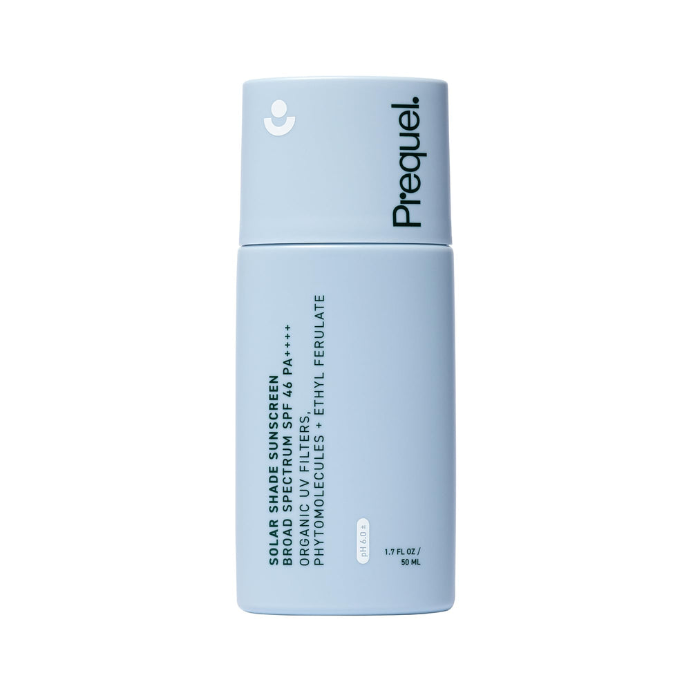 Prequel Skin Solar Shade bottle close-up shows moisturizing SPF 46 protection.