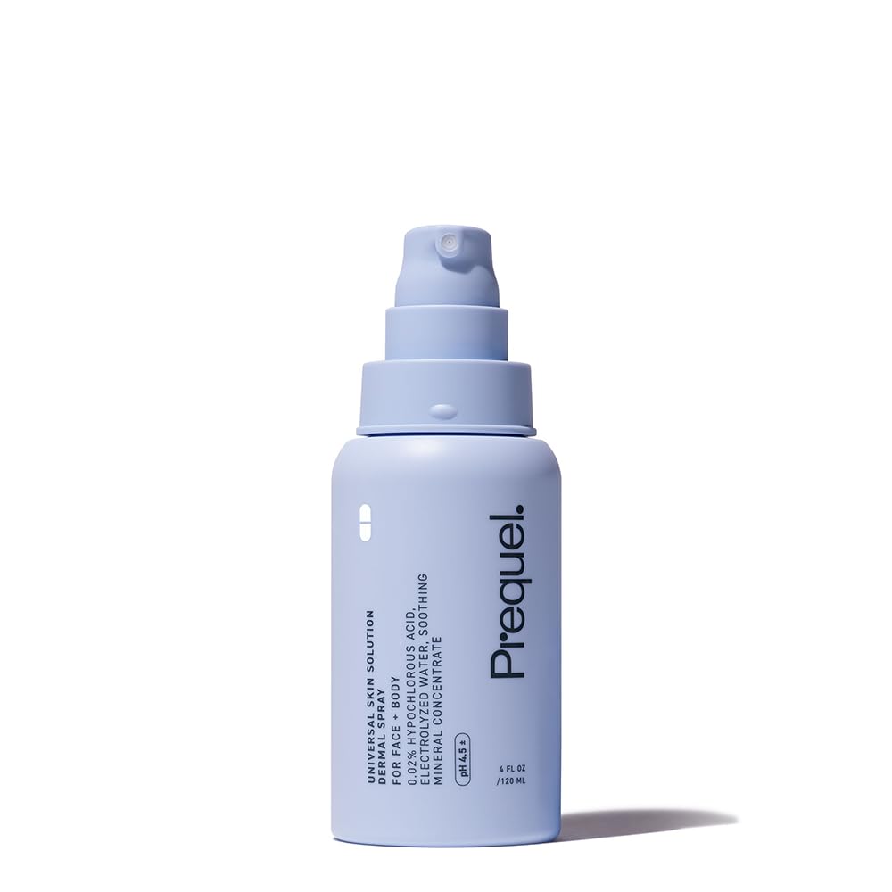 Prequel Skin Universal HOCL spray on face delivers gentle cleansing and calming hydration.