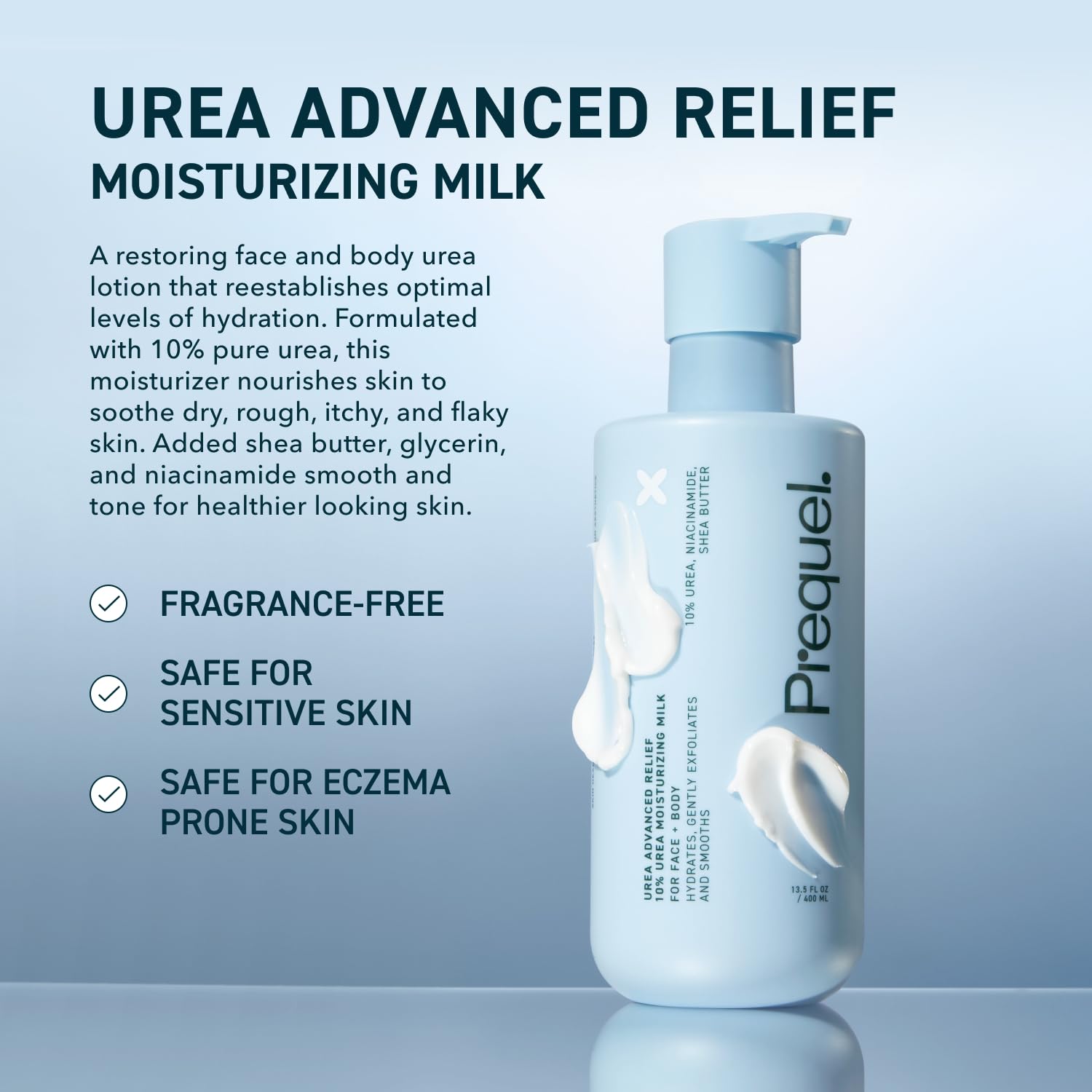 Prequel Skin Urea Advanced Relief Milk pump shows easy, mess-free daily moisturization.