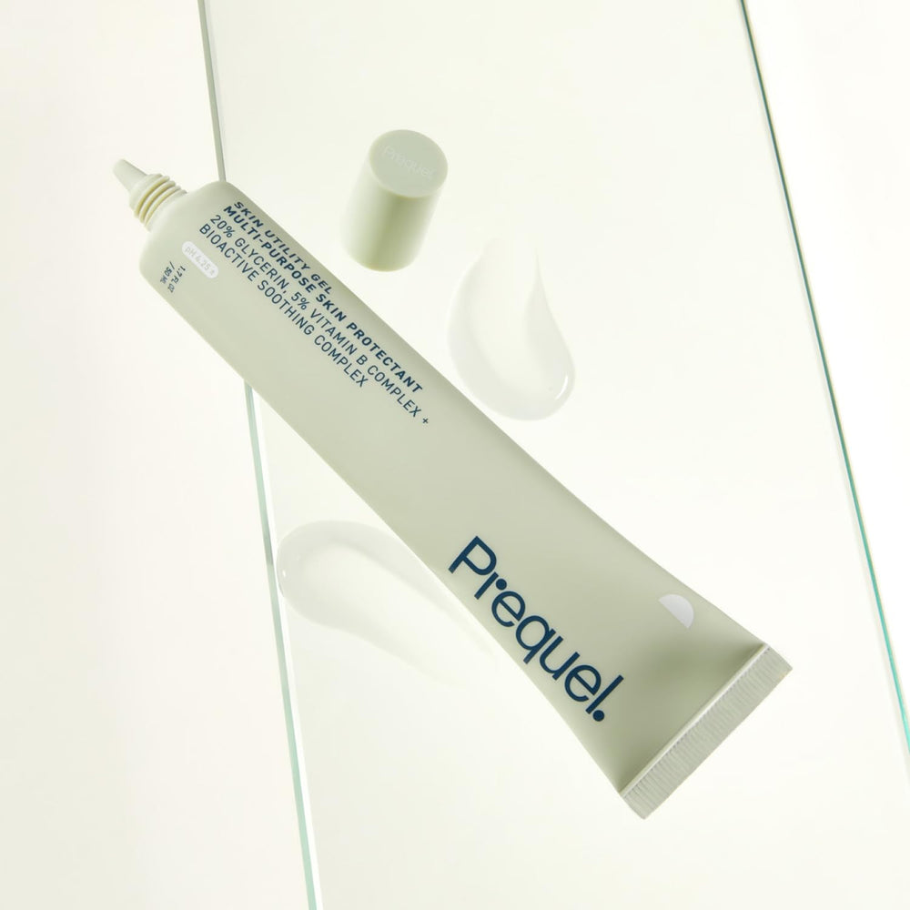 Prequel Skin Utility Gel dermatologist-developed packaging badge.