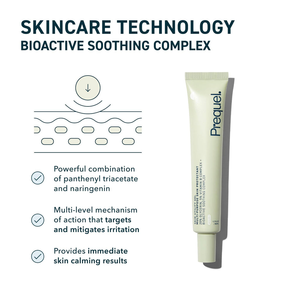 Prequel Skin Utility Gel applied on face, elbows, and knees for dry skin relief.