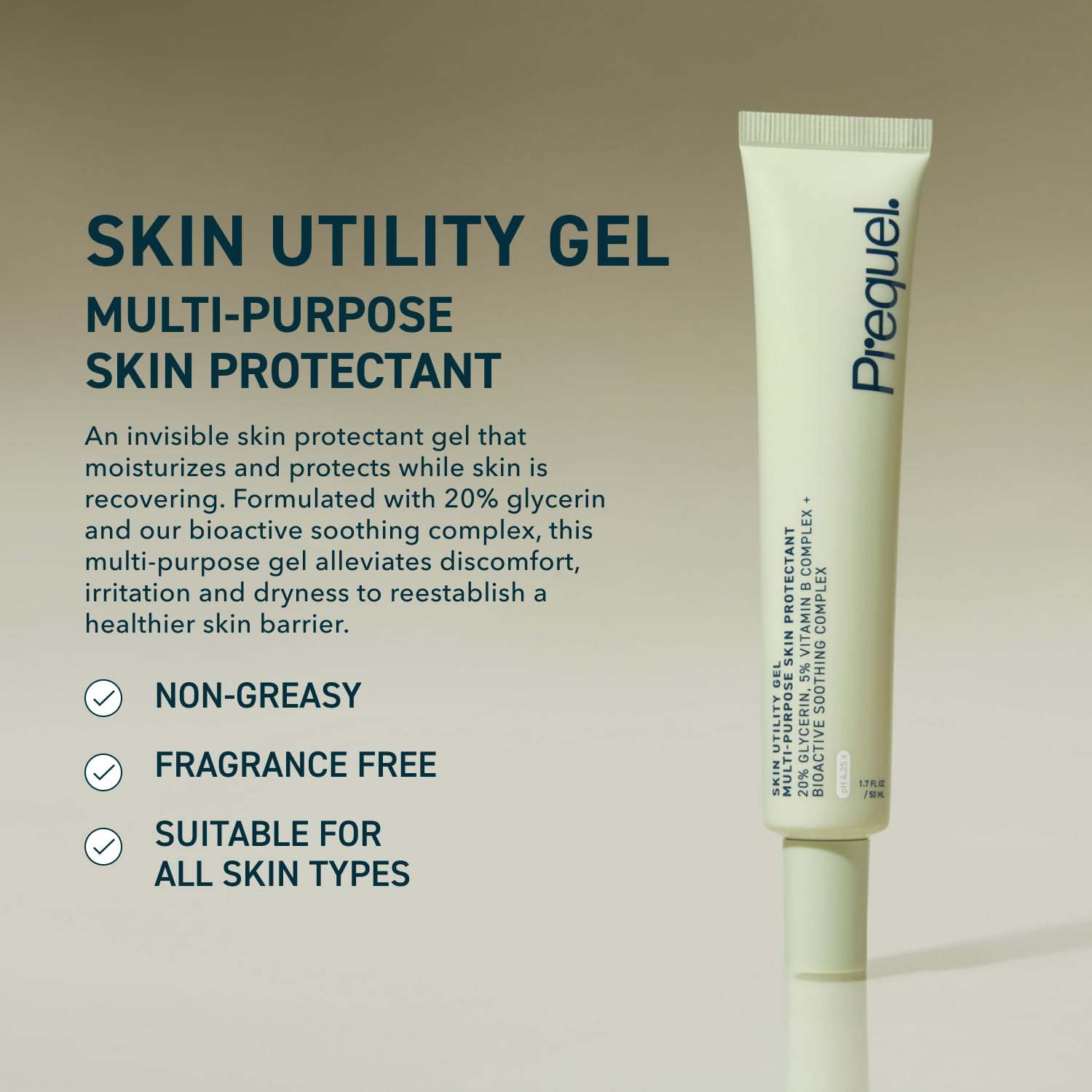 Close-up of Prequel Skin Utility Gel texture showing a lightweight, non-greasy finish.