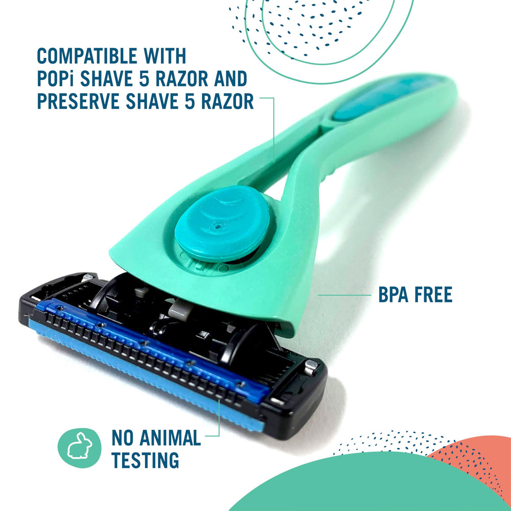 Preserve Shave5 lubricating strip with cocoa butter and aloe for protection.