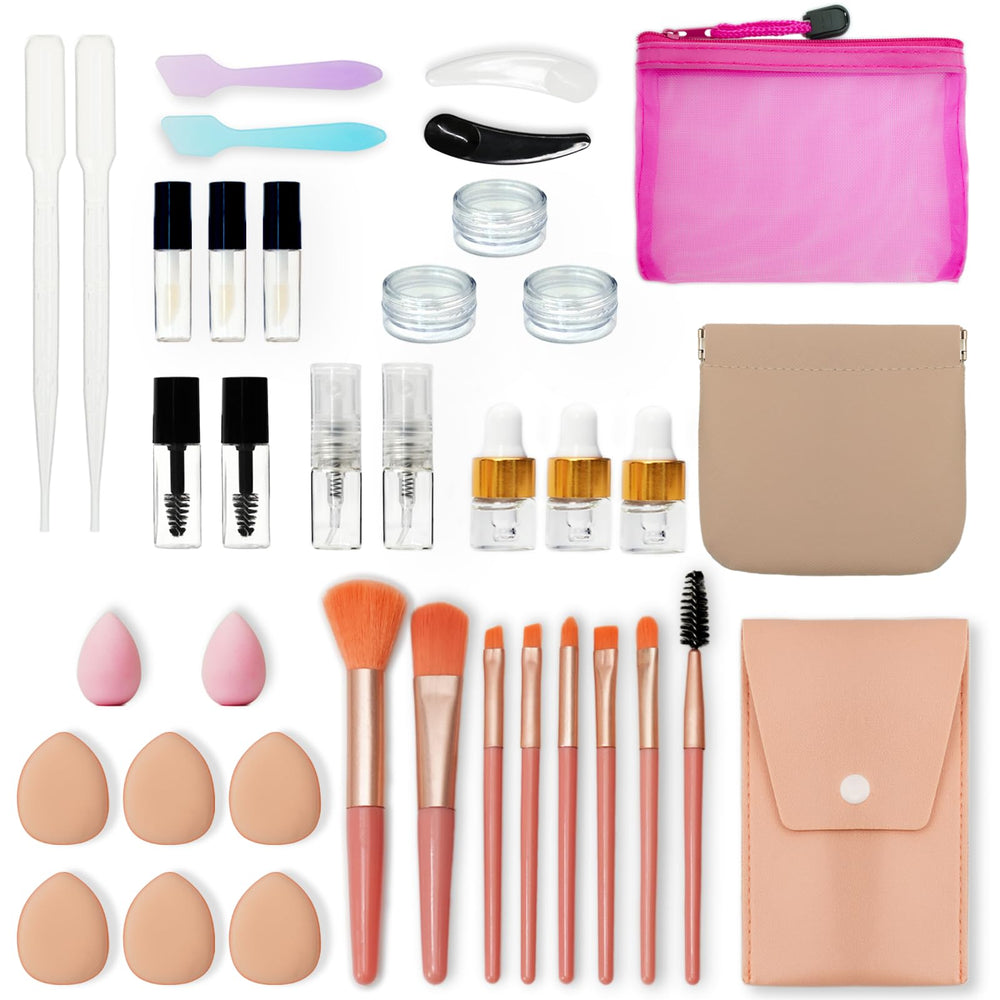 PrettyCare 38-piece travel makeup container set front view, organized for easy packing on the go.