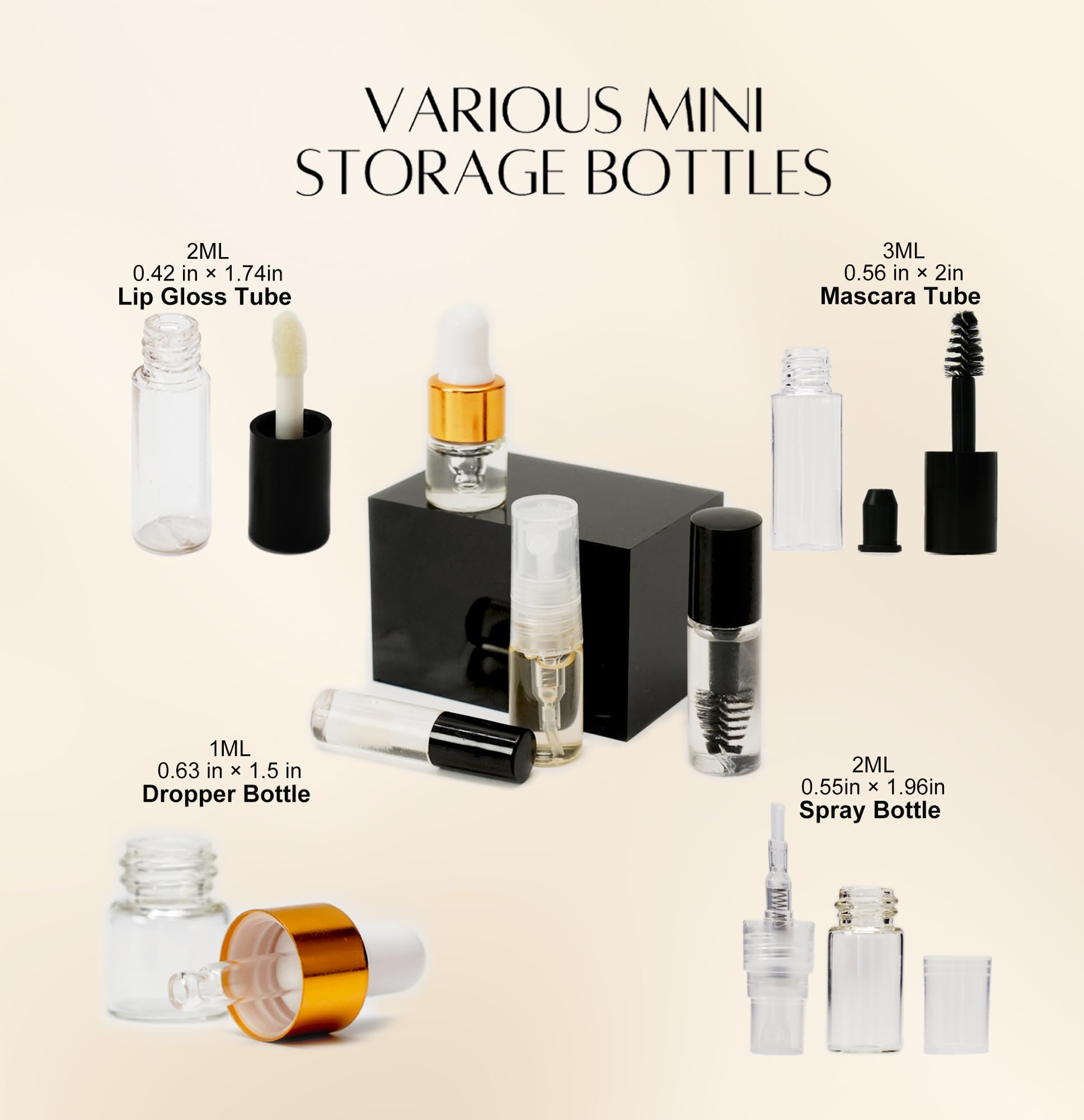 PrettyCare leak-proof droppers and bottles illustrated for spill-free skincare during travel.